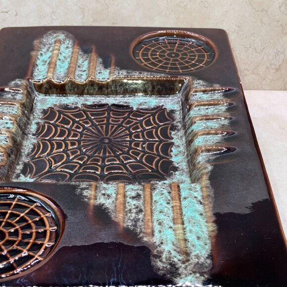 1970s California Pottery #3763 Spiderwed Glazed Ashtray 12”x8” Brown And Seafoam - Picture 6 of 11